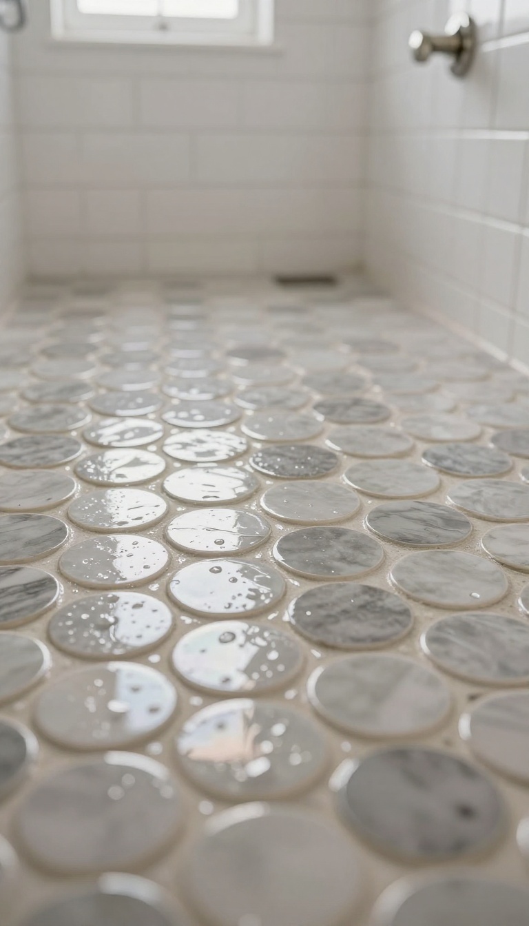 Glossy penny tile shower floor with polished finish and natural light reflection