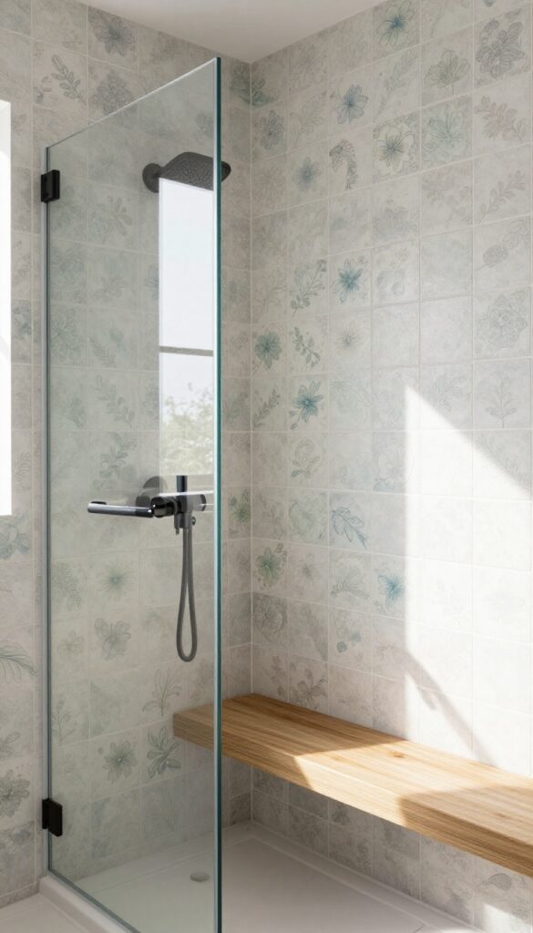 Modern shower with softly patterned cement tiles in muted blue and green, featuring a teak bench and matte black fixtures.