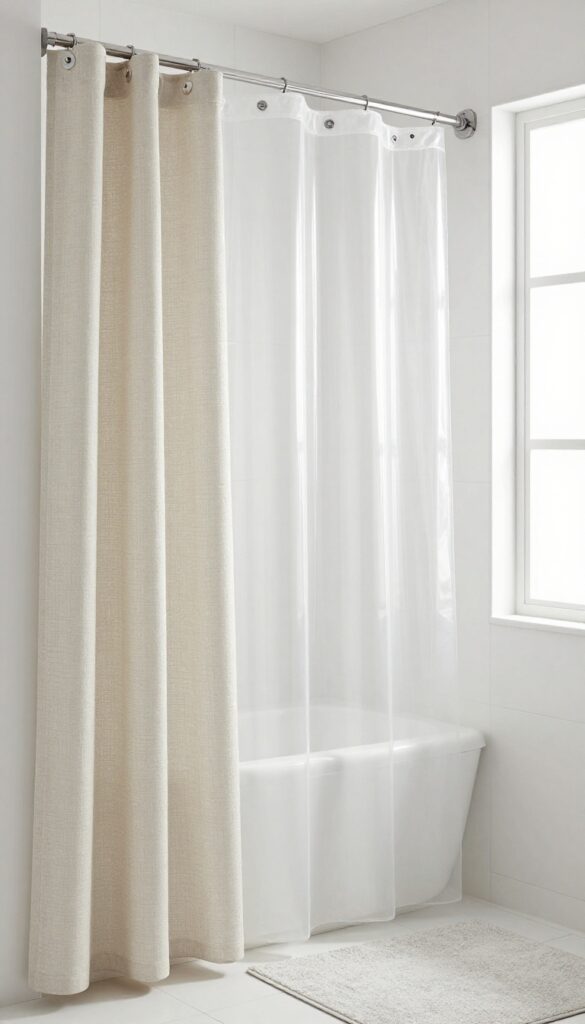 A bright bathroom with a double shower curtain: a decorative fabric curtain and a clear vinyl liner with weighted magnets, showcasing a classic and practical setup.