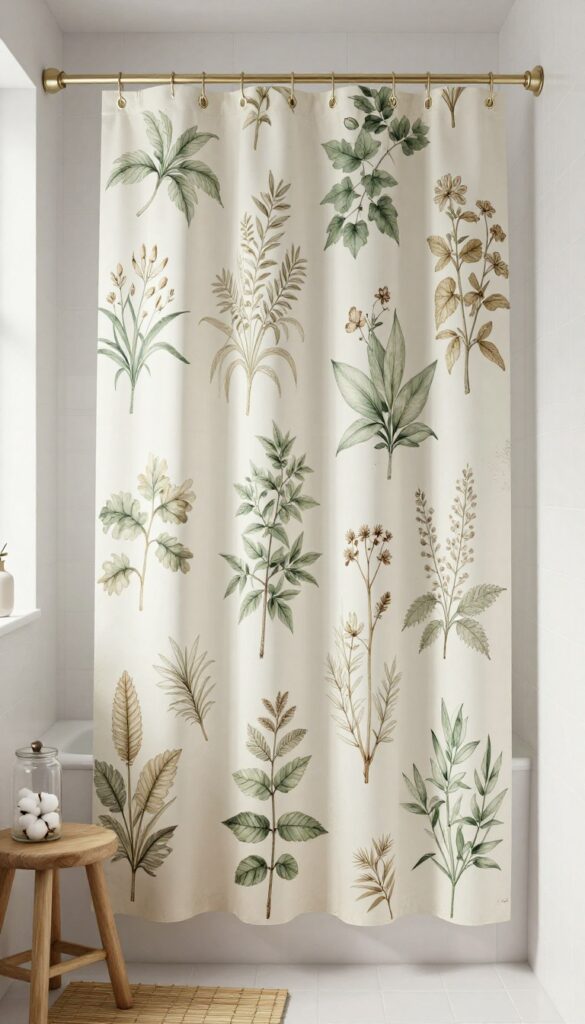 Vintage botanical shower curtain in a bright bathroom with natural textures and brass hardware