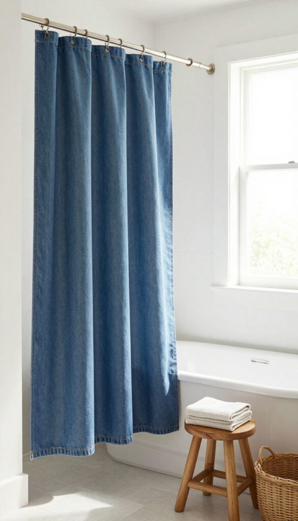 A bathroom with a faded denim shower curtain, wooden stool, and woven basket, styled with a casual, inviting farmhouse look.