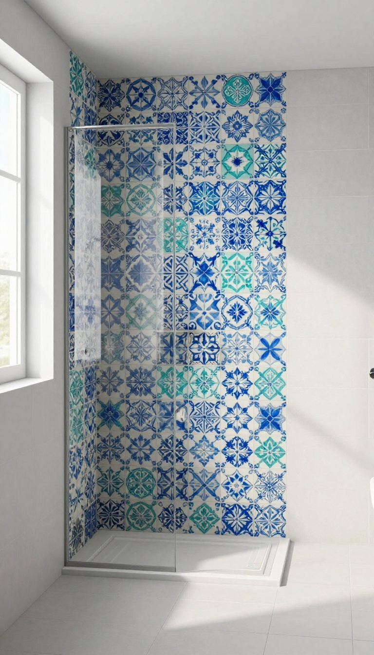 Bold patterned tiles as a statement accent wall in a modern shower, paired with neutral tiles for a crisp, custom look.