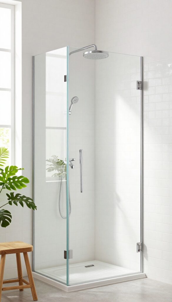 Small stand-up shower with a rainfall showerhead, white subway tile, and natural light