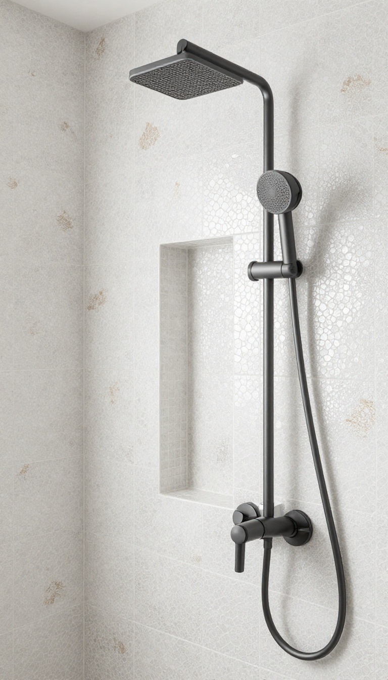 Hexagon mosaic shower tiles with metallic silver and gold accents in a bright, modern bathroom
