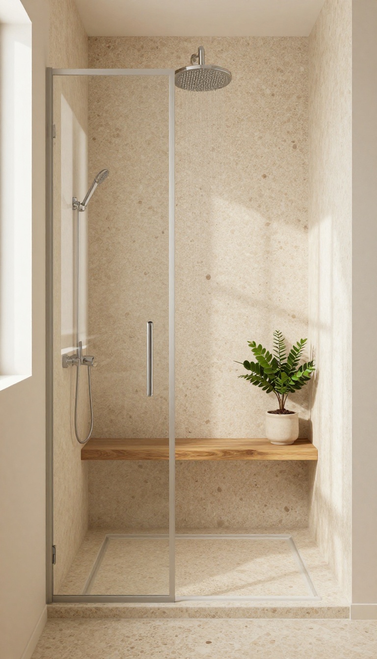 Beige pebble tile shower floor and accent wall with wooden bench, greenery, and natural light