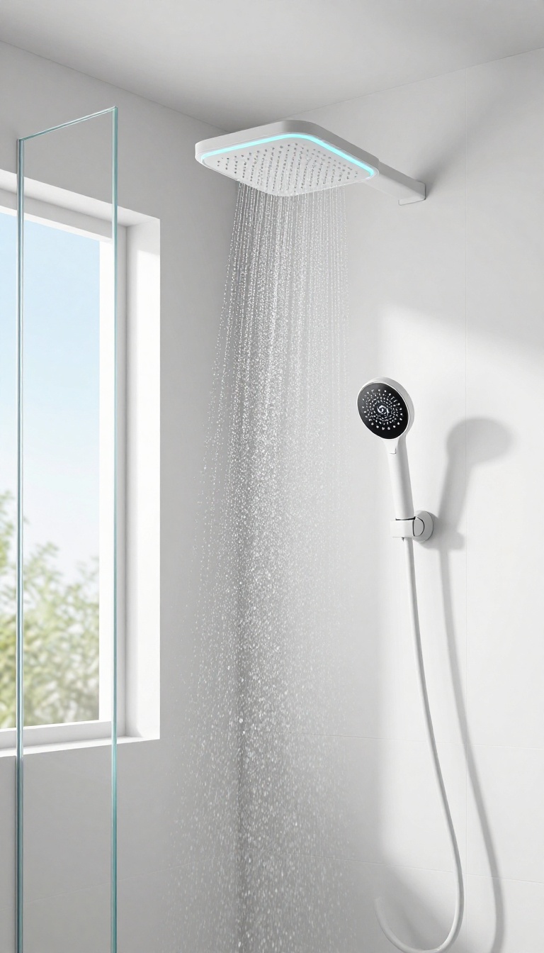 Modern smart shower head with digital display in a bright, minimalist bathroom