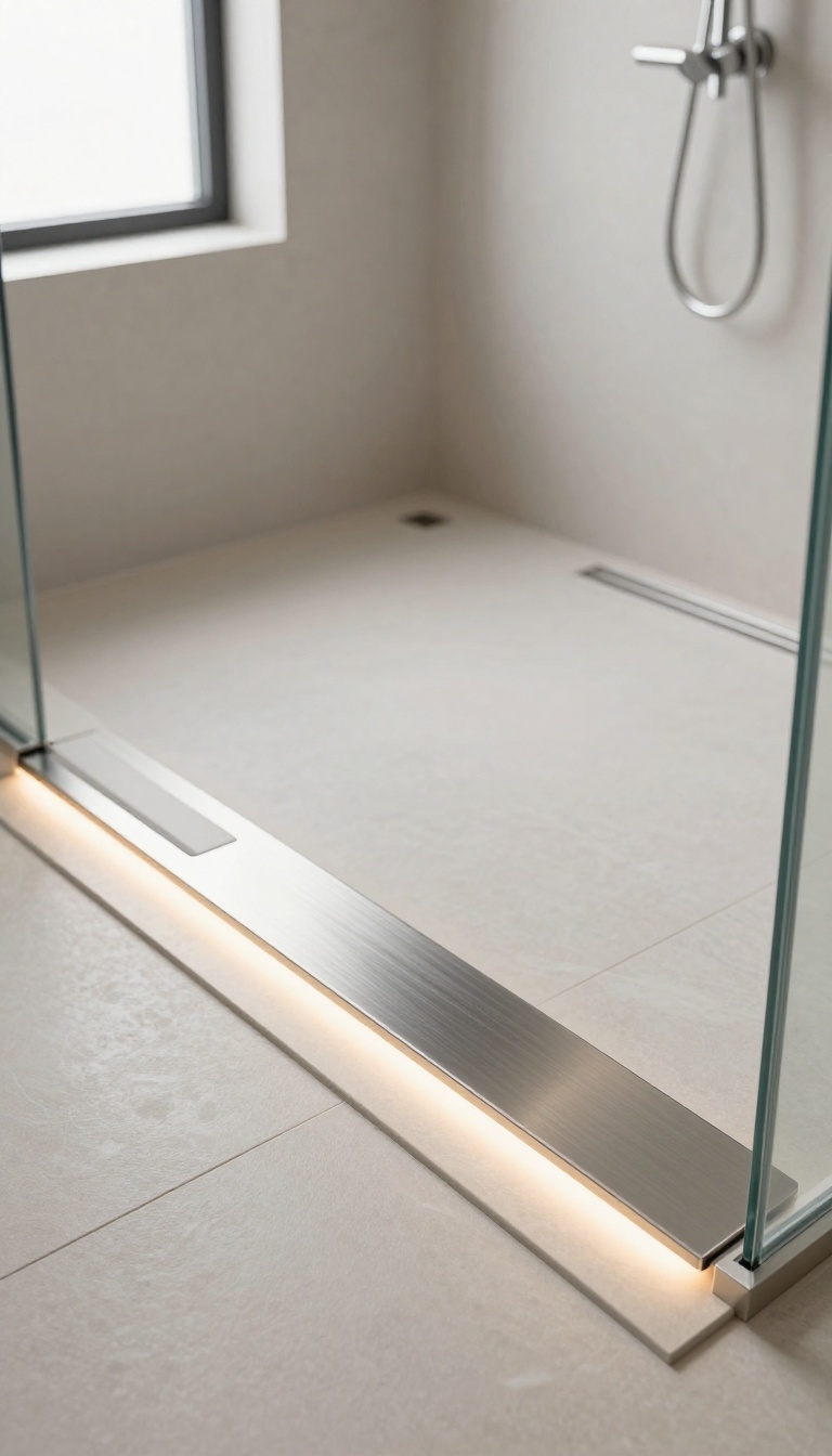 Heated drain cover in a modern luxury shower, glowing softly to emphasize its premium feature.