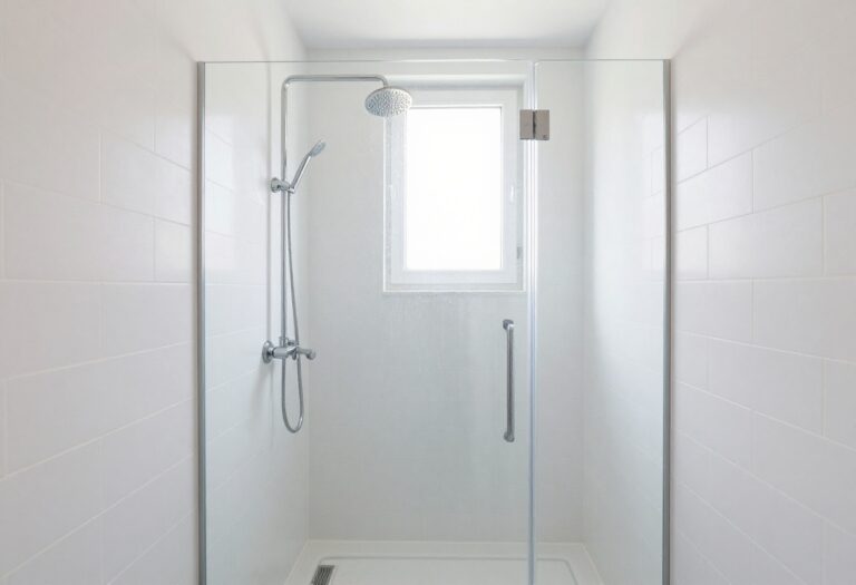 Modern small bathroom with a glass stand-up shower and rainfall showerhead