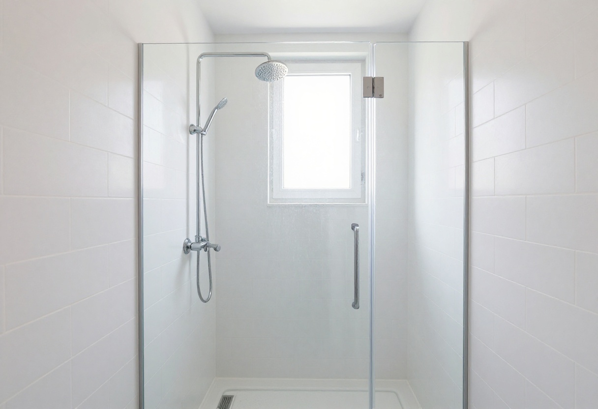 Modern small bathroom with a glass stand-up shower and rainfall showerhead