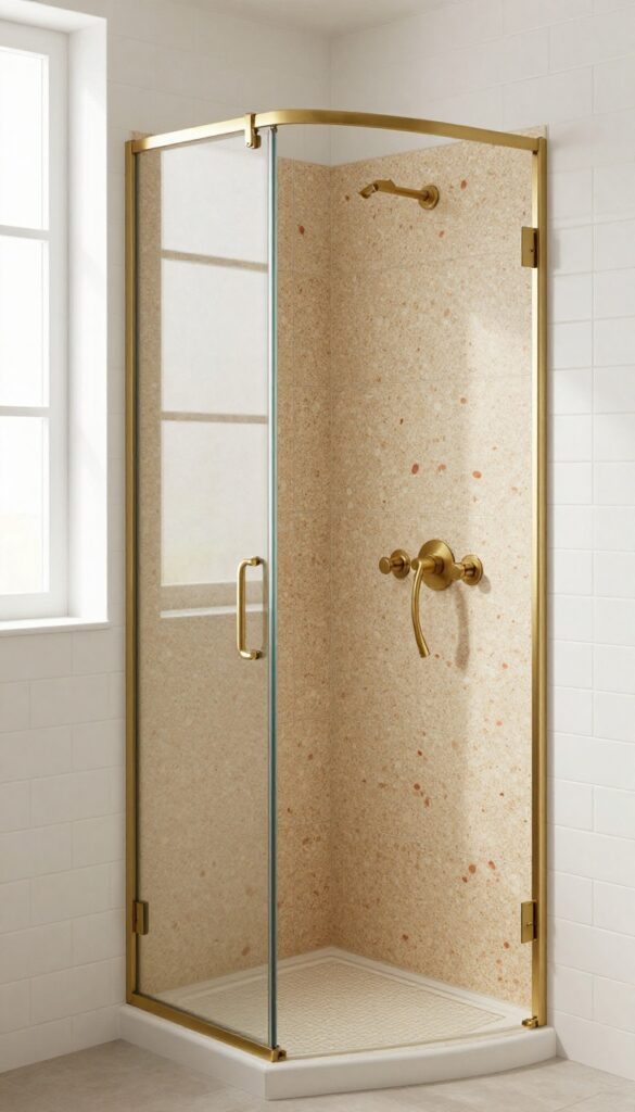 Terrazzo tile shower curb in a bright modern bathroom