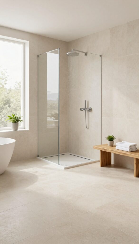 Open wet room bathroom with level floor, no curb, rainfall shower, and natural light