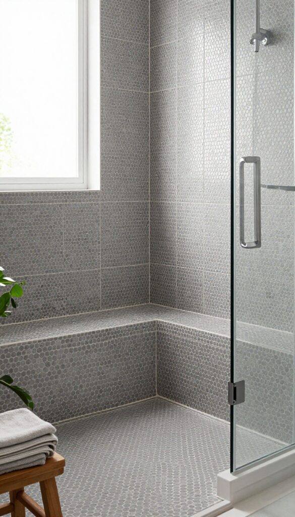 Grey penny tiles in a shower with natural light, wooden stool, and plant
