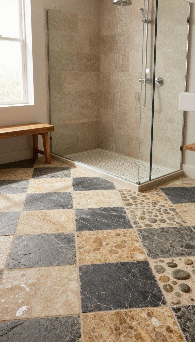 A modern shower floor mixing pebble sheets and slate tiles in a checkerboard pattern, creating a warm, textured look.