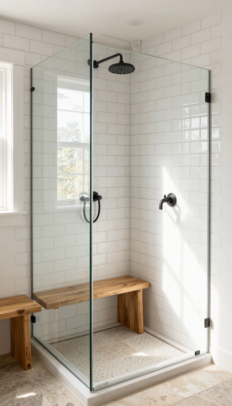 Farmhouse walk-in shower with white subway tile and dark grout, black fixtures, and wood accents