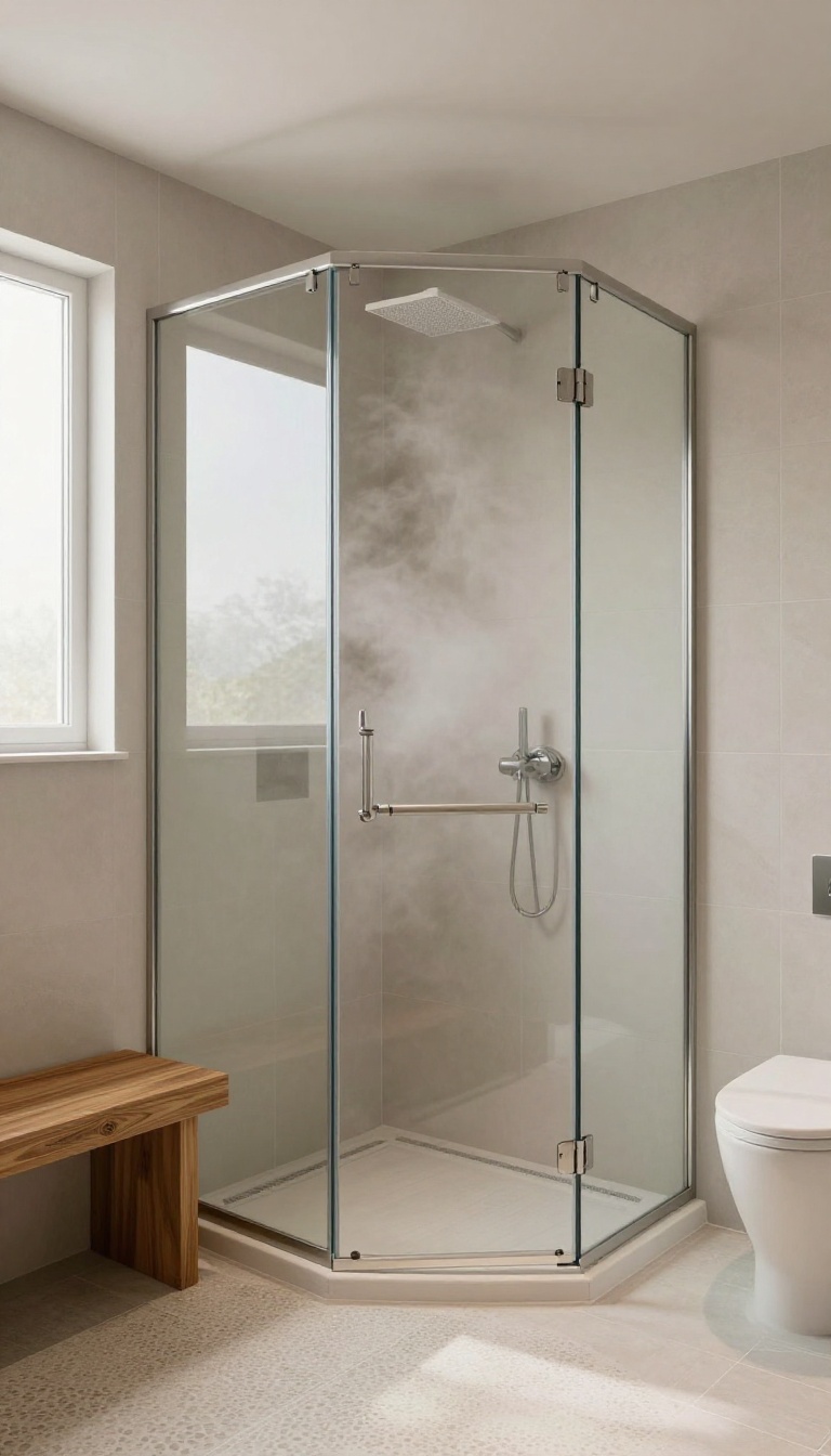 Compact steam shower cabin with glass enclosure, teak bench, and soft steam in a bright modern bathroom