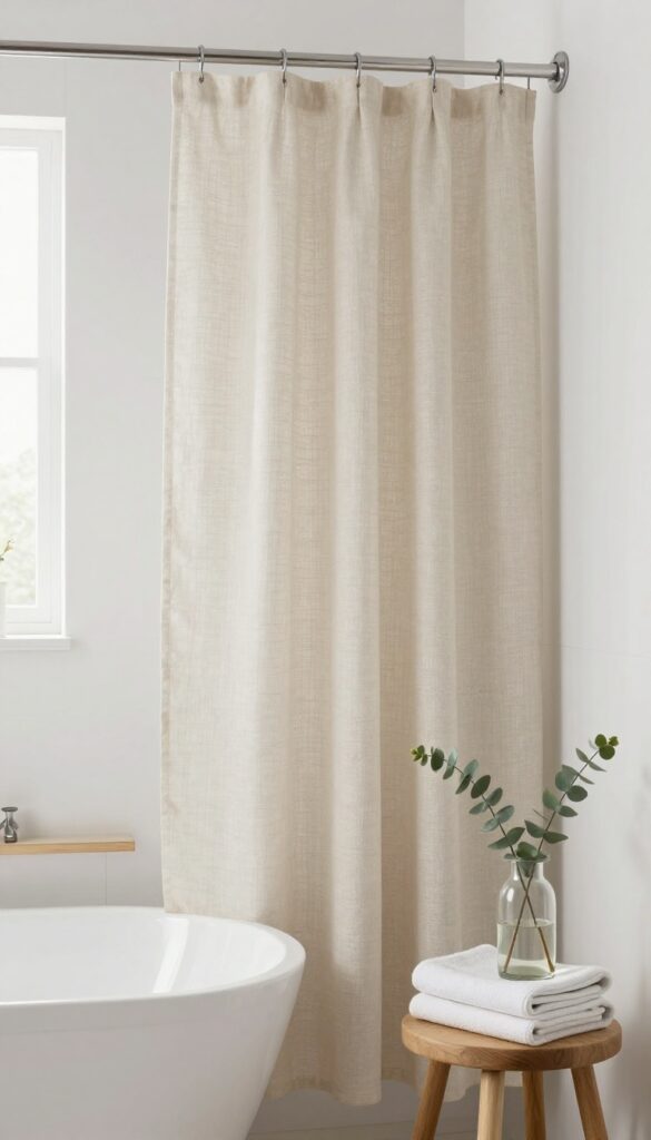 Minimalist neutral shower curtain in a bright bathroom with natural textures and eucalyptus accents