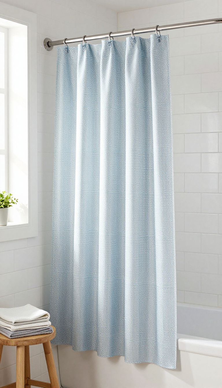Bathroom with a tall shower curtain hung using clip rings, showing how to extend a standard curtain to fit a higher rod