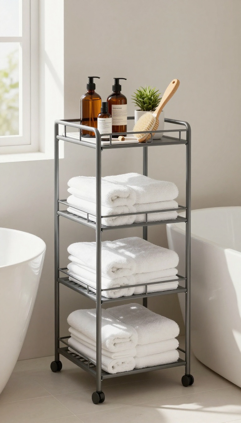 Freestanding caddy next to a bathtub with neatly organized toiletries and towels