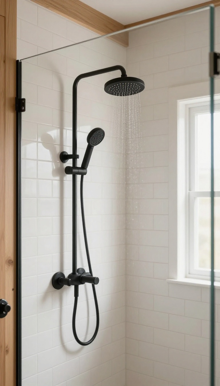 Farmhouse walk-in shower with matte black fixtures and hardware