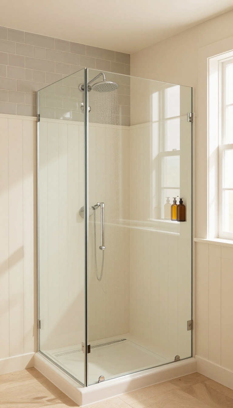 Farmhouse walk-in shower with white beadboard wainscoting and gray subway tile above, featuring a built-in niche and natural light.