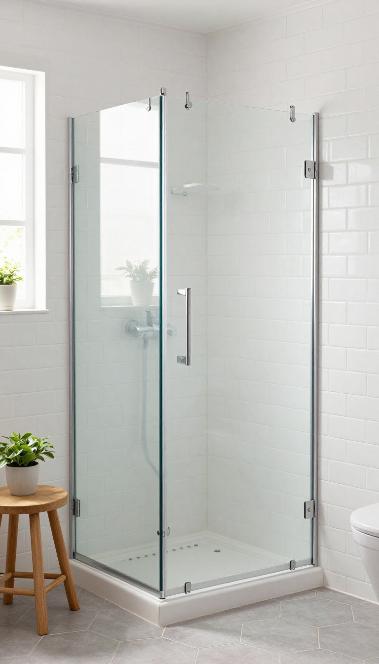 Small bathroom with a corner stand-up shower unit, featuring clear glass doors and white subway tiles, bathed in natural light.