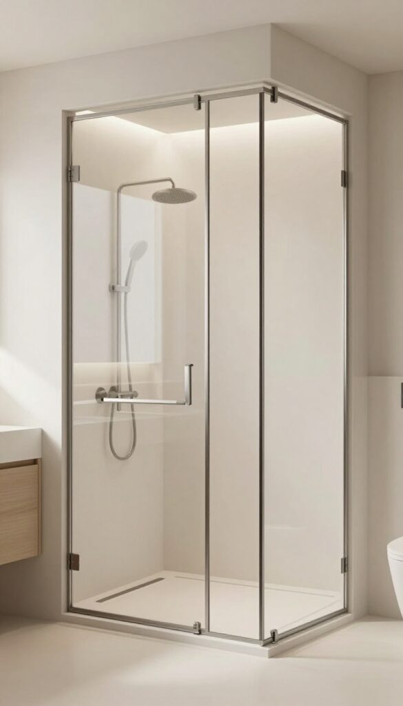 Frameless sliding shower door in a bright, accessible bathroom with a bench and handheld showerhead