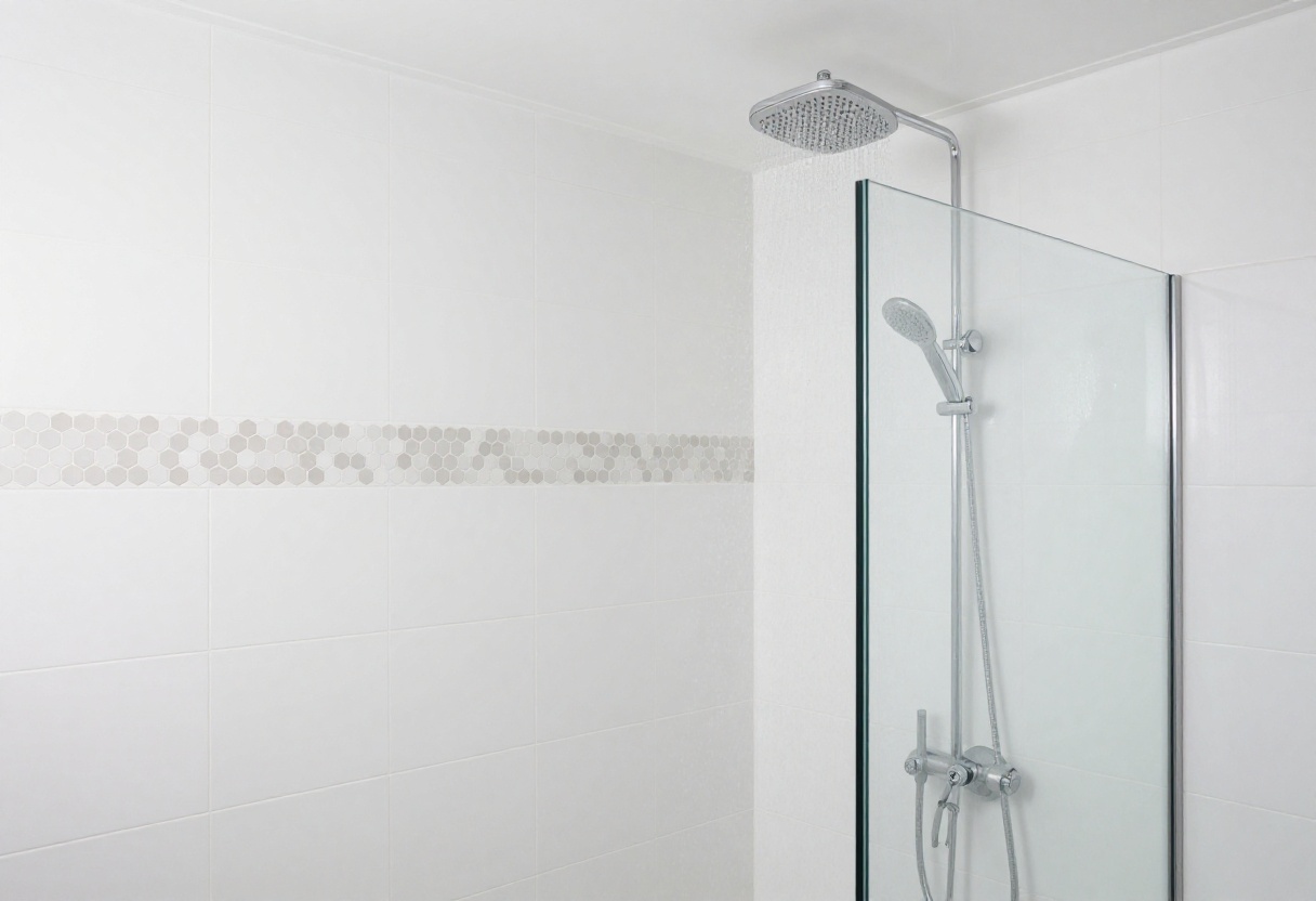Modern bathroom shower with large white tiles and hexagon accent strip