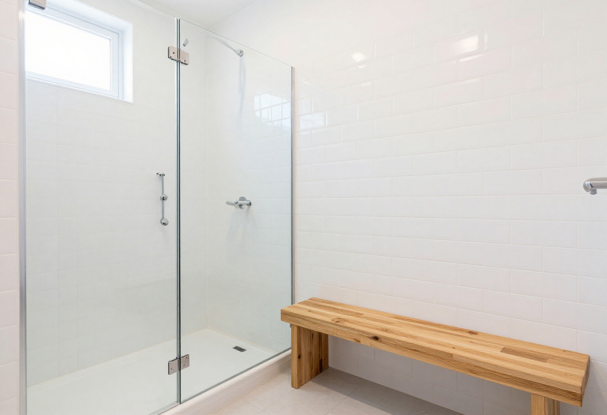 Small bathroom shower with glass enclosure and teak bench