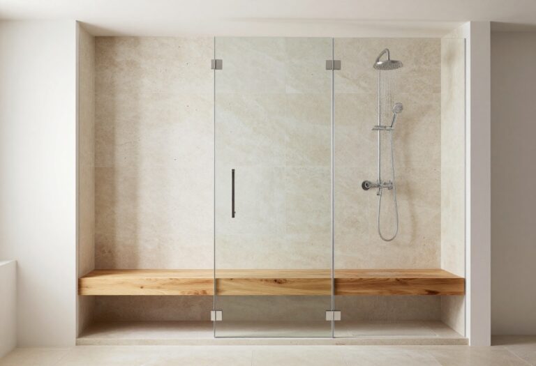 Modern walk-in shower with a teak bench and glass enclosure