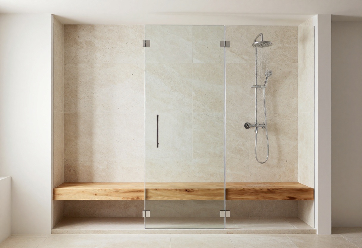 Modern walk-in shower with a teak bench and glass enclosure