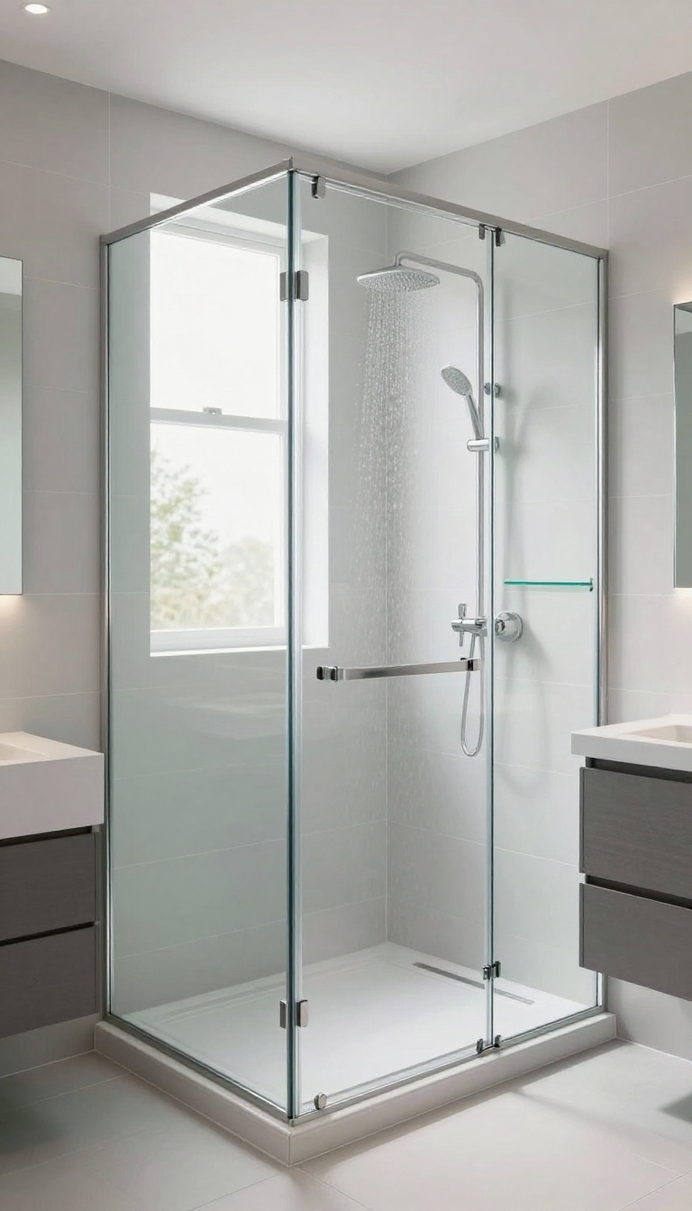 Bright bathroom with a frameless glass walk-in shower, open sightlines, and natural light