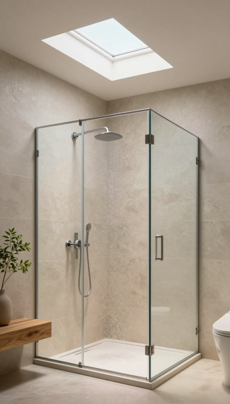Shower cabin with skylight in a dark awkward corner, bright and airy