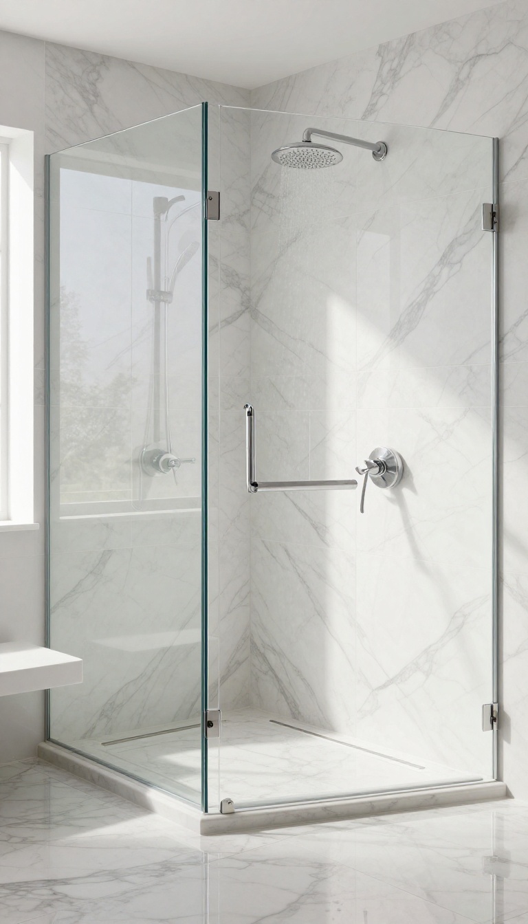 Luxurious walk-in shower with bookmatched marble-look tiles showing mirrored veining, polished white stone, rainfall showerhead, and natural light.