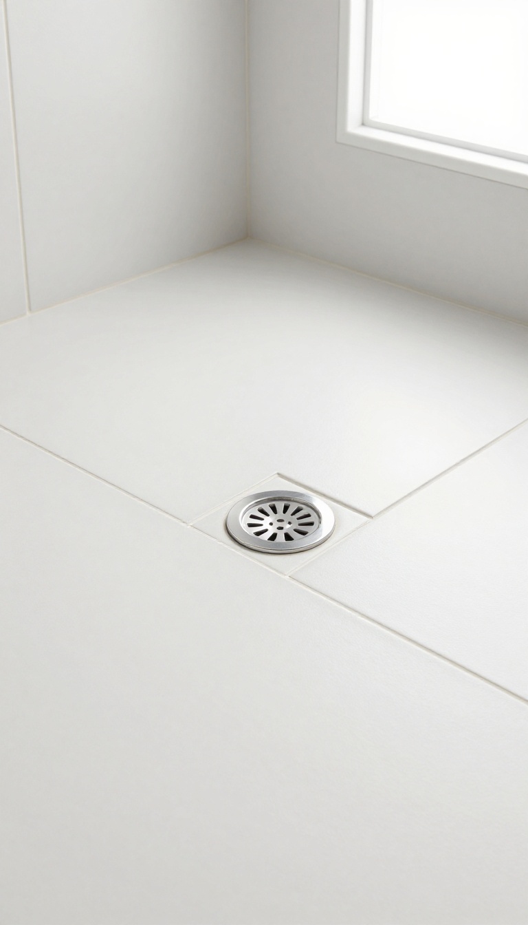 Close-up of a tile-insert drain seamlessly integrated into a modern shower floor