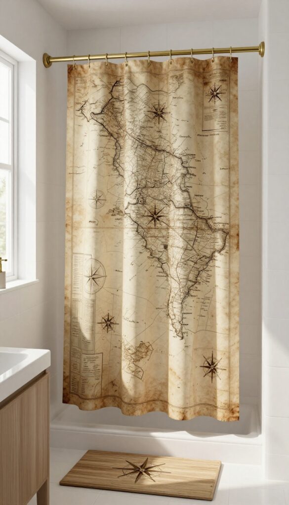 Antique map shower curtain in a bright, neutral bathroom with wooden accents and natural light.