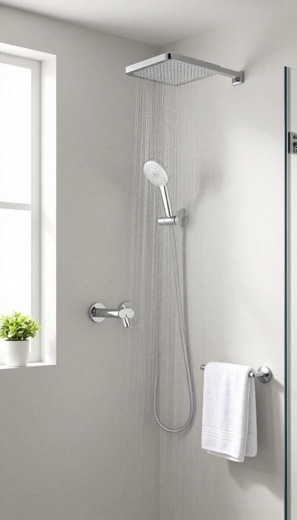 Modern touchless shower faucet with motion sensor in a bright, minimalist bathroom