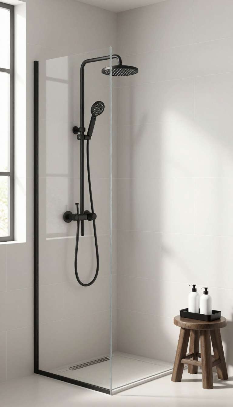 Modern stand-up shower with matte black fixtures and light gray tiles