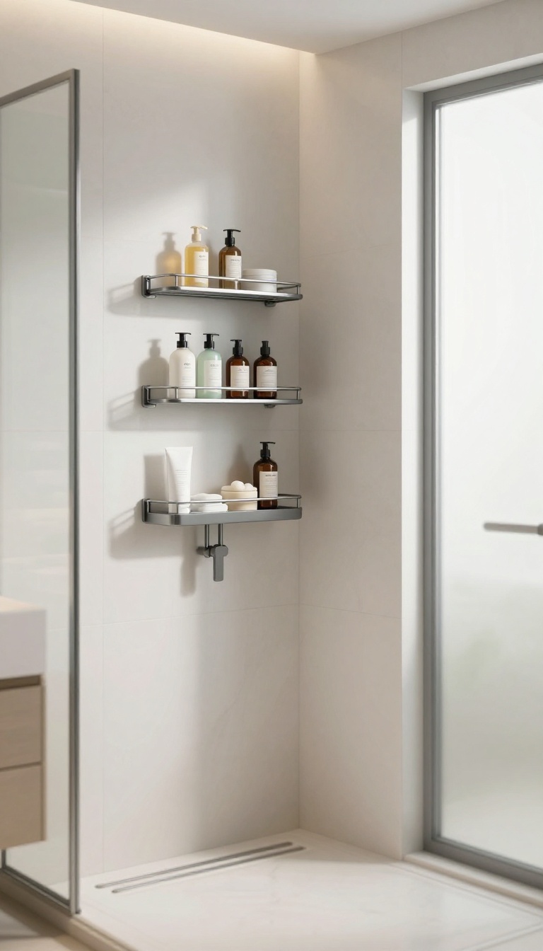 Modern corner shower caddy with adjustable shelves holding toiletries in a bright, tiled shower