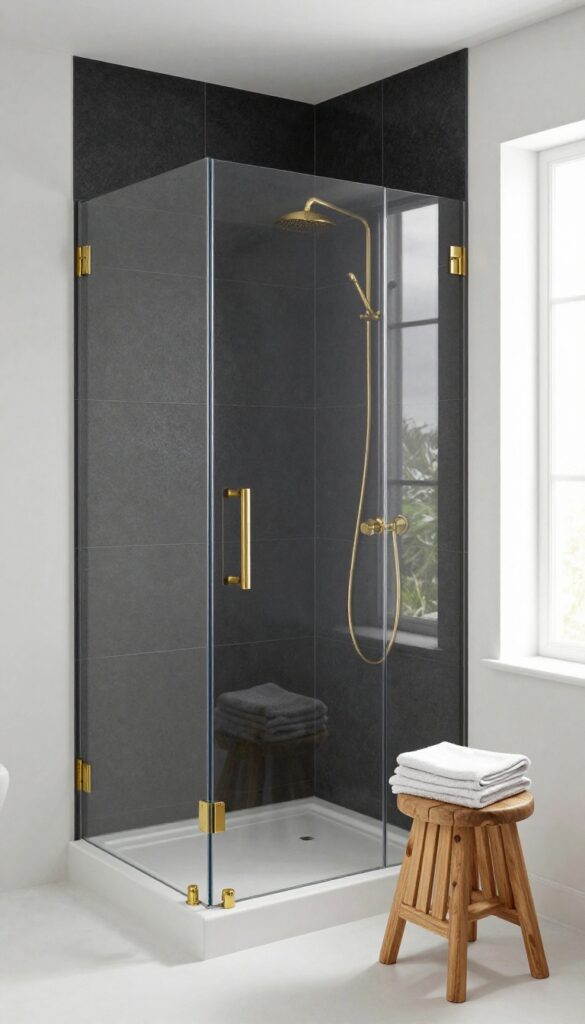 Matte black shower curb tiles in a modern bathroom with white walls and brass fixtures