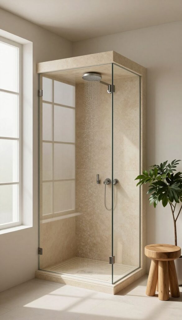 Custom-cut shower tray in an angled alcove with seamless tile transition, modern bathroom with natural light