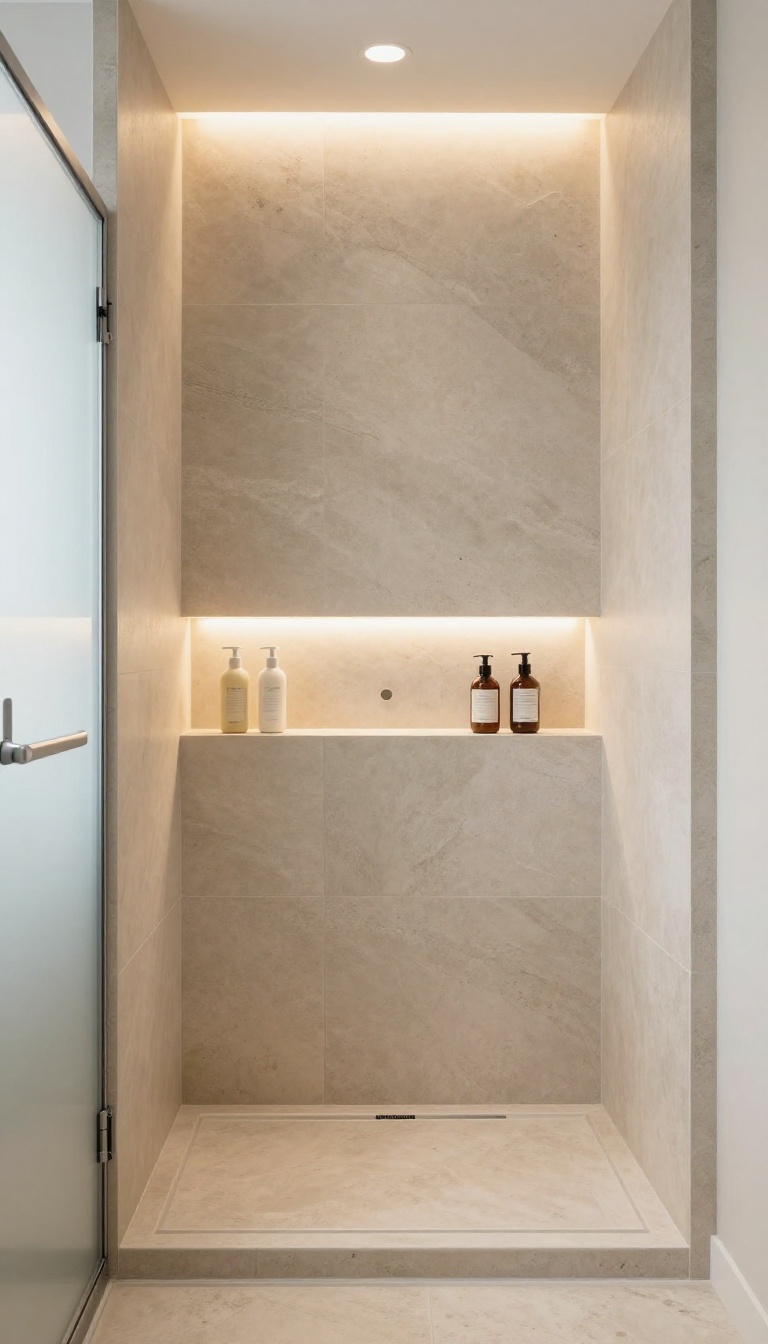 Warmly lit built-in shower niche with neatly arranged bottles, highlighting a spa-like storage solution.
