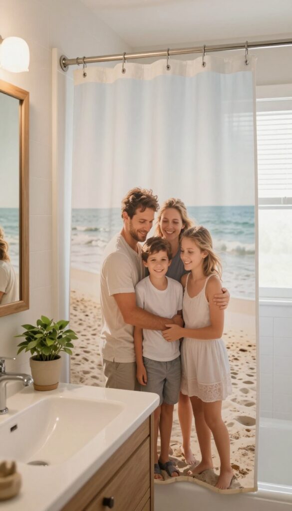Cozy bathroom with a custom photo shower curtain showing a family beach photo, warm lighting, and natural decor.