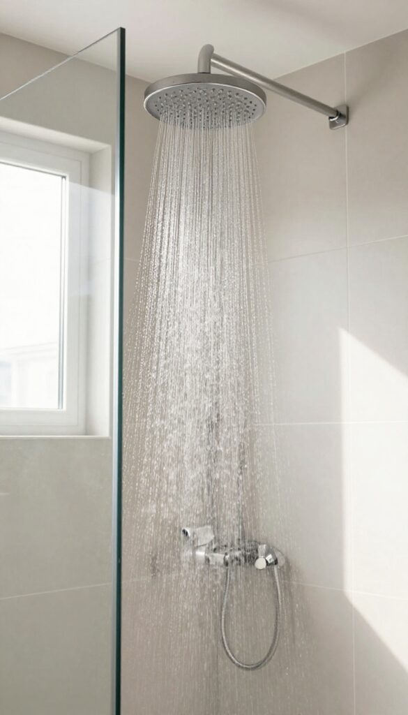 Modern bathroom with a rainfall showerhead in a tub-to-shower conversion