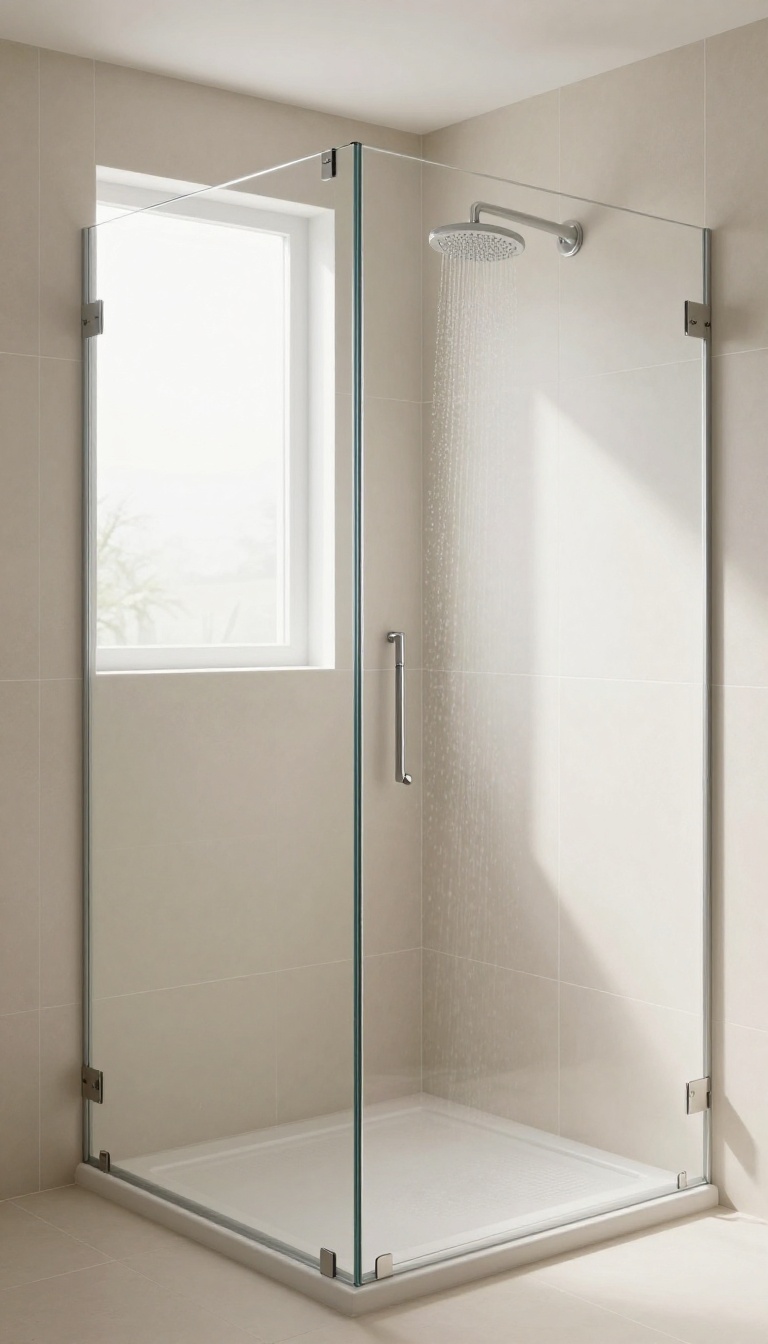 Walk-in shower with large beige tiles and matching grout for a seamless look