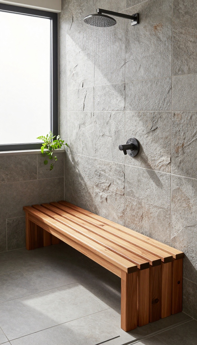 Modern rustic walk-in shower with a teak wood slat bench, natural light, and stone tile walls.