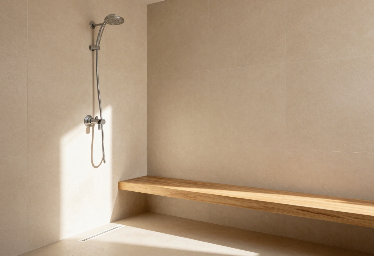 Modern shower with warm beige textured tiles and wooden bench