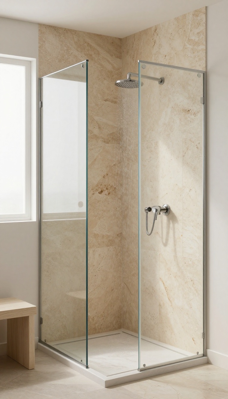 Natural stone standing shower with travertine and slate tiles, rainfall showerhead, and glass enclosure in a bright spa-like bathroom