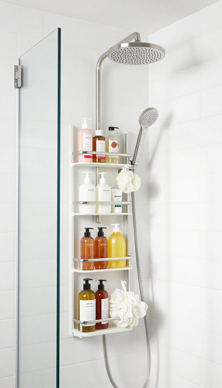 Tension rod caddy in a modern shower maximizing vertical space