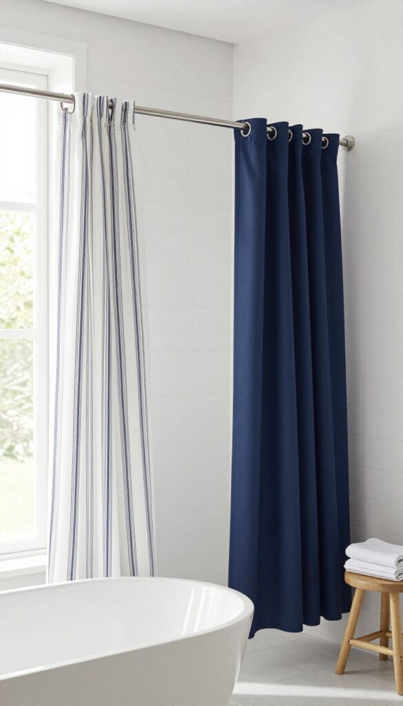 Two shower curtains, one white with navy stripes and one solid navy, hanging together in a bright bathroom for a custom, cohesive look.