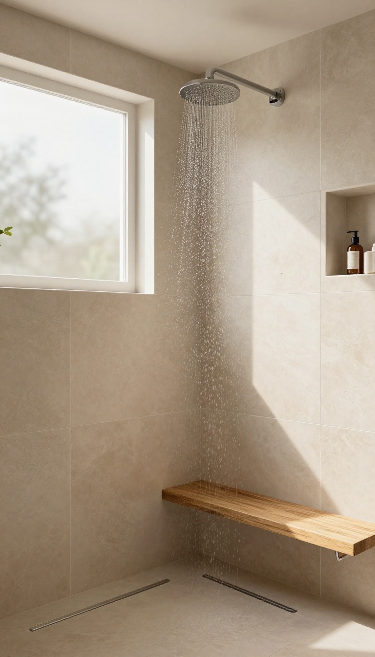 Small wet room bathroom with walk-in shower, linear drain, and natural light